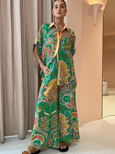 Prinditud vabaaja naiste särk, pükste ülikond, üherealine lahtikäiv krae lühikeste varrukatega topid laia säärega püksid pühaderõivad