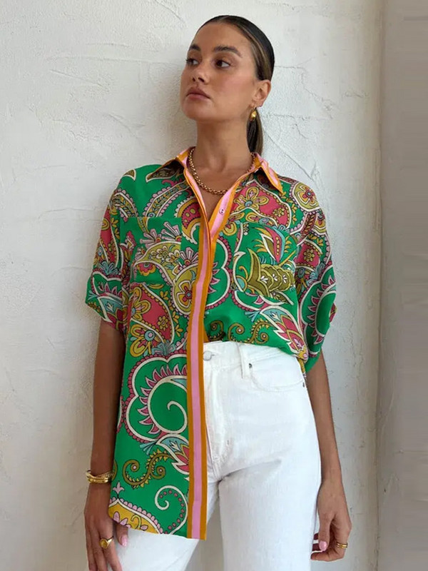 Prinditud vabaaja naiste särk, pükste ülikond, üherealine lahtikäiv krae lühikeste varrukatega topid laia säärega püksid pühaderõivad