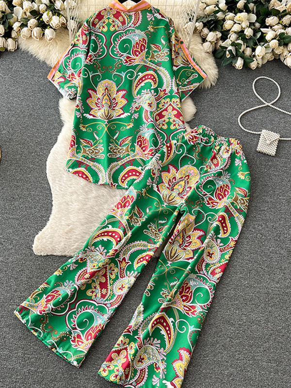 Prinditud vabaaja naiste särk, pükste ülikond, üherealine lahtikäiv krae lühikeste varrukatega topid laia säärega püksid pühaderõivad