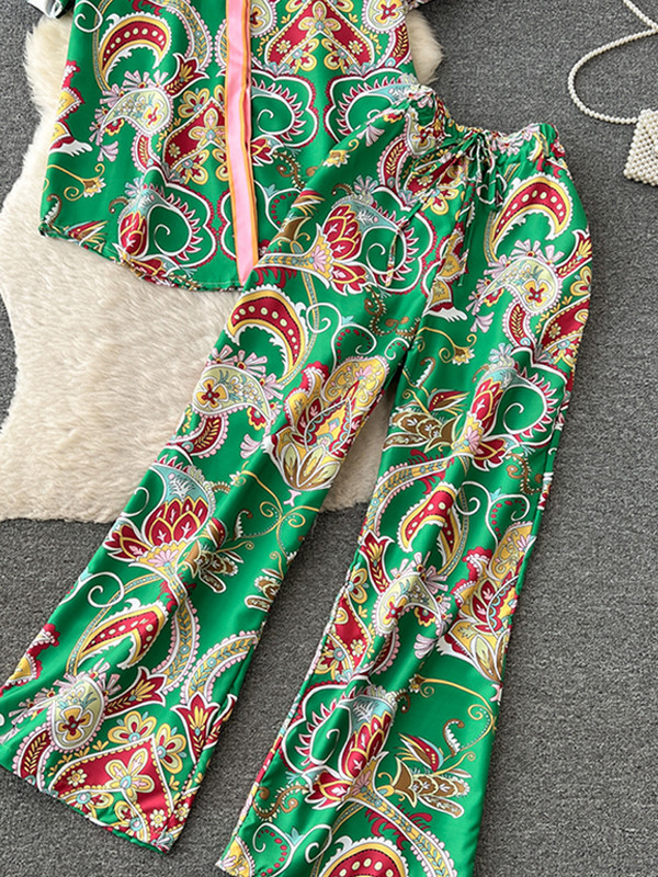 Prinditud vabaaja naiste särk, pükste ülikond, üherealine lahtikäiv krae lühikeste varrukatega topid laia säärega püksid pühaderõivad