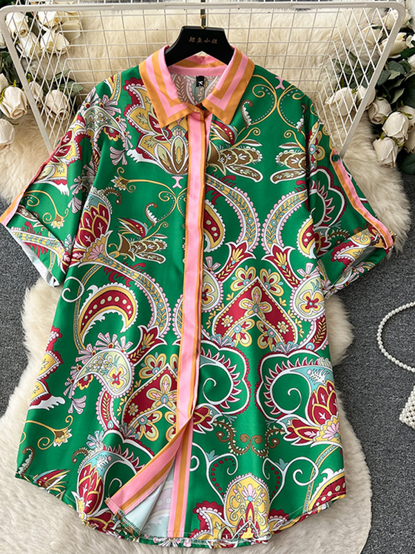 Prinditud vabaaja naiste särk, pükste ülikond, üherealine lahtikäiv krae lühikeste varrukatega topid laia säärega püksid pühaderõivad