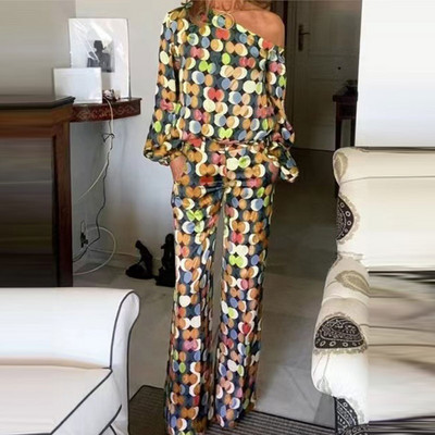 Dámska sexy blúzka s dlhým rukávom a bodkami, dvojdielna súprava, jedno rameno, voľné nohavice, obleky, dámske jarné ležérne streetwear obleky