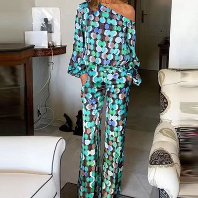 Dámska sexy blúzka s dlhým rukávom a bodkami, dvojdielna súprava, jedno rameno, voľné nohavice, obleky, dámske jarné ležérne streetwear obleky