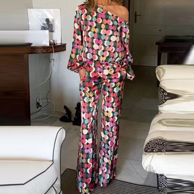 Dámska sexy blúzka s dlhým rukávom a bodkami, dvojdielna súprava, jedno rameno, voľné nohavice, obleky, dámske jarné ležérne streetwear obleky