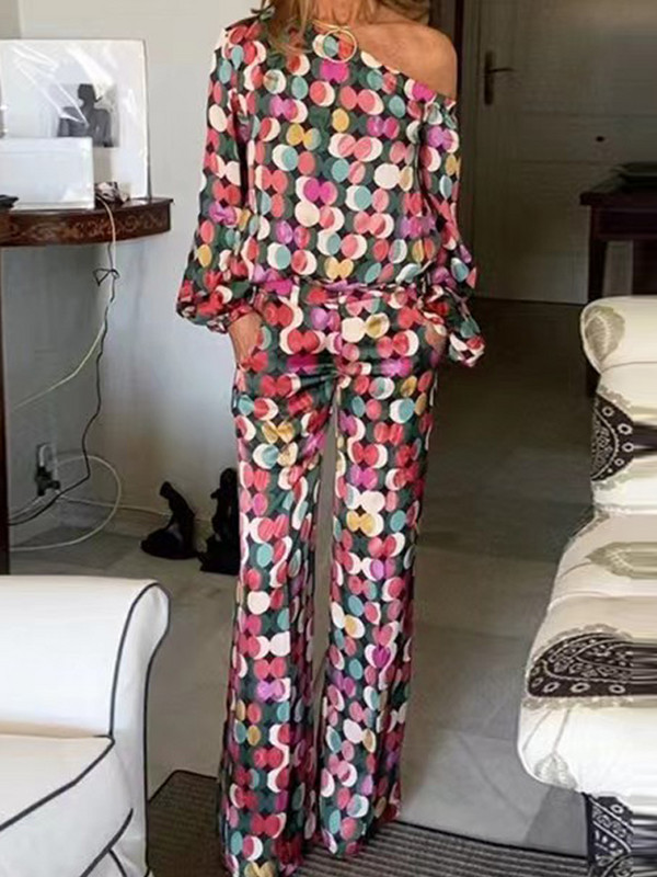 Dámska sexy blúzka s dlhým rukávom a bodkami, dvojdielna súprava, jedno rameno, voľné nohavice, obleky, dámske jarné ležérne streetwear obleky