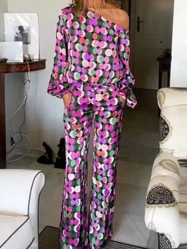 Dámska sexy blúzka s dlhým rukávom a bodkami, dvojdielna súprava, jedno rameno, voľné nohavice, obleky, dámske jarné ležérne streetwear obleky