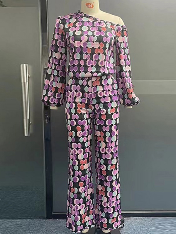 Dámska sexy blúzka s dlhým rukávom a bodkami, dvojdielna súprava, jedno rameno, voľné nohavice, obleky, dámske jarné ležérne streetwear obleky