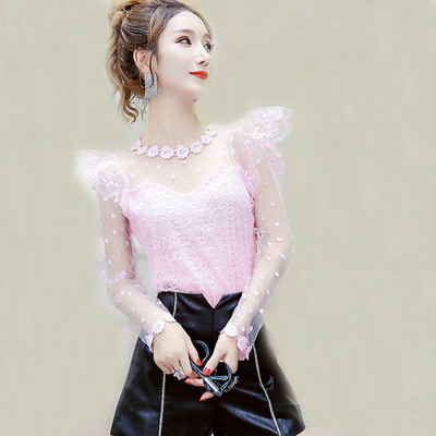 2018 Bluză din plasă florală pentru femei, primăvară, toamnă, cămașă din dantelă cu punct dulce, bluze cu mânecă lungă pentru femei, bluze, bluze scurte, AB1102