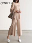 Ženski pleteni džemper Dvodijelni kompleti Proljeće Jesen V-izrez Široki puloveri Top džemper i hlače širokih nogavica Pletena odijela od 2 komada