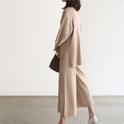 Ženski pleteni džemper Dvodijelni kompleti Proljeće Jesen V-izrez Široki puloveri Top džemper i hlače širokih nogavica Pletena odijela od 2 komada