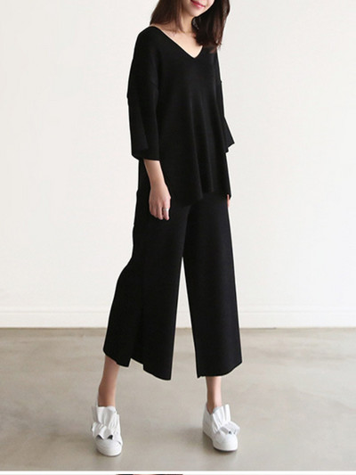 Ženski pleteni džemper Dvodijelni kompleti Proljeće Jesen V-izrez Široki puloveri Top džemper i hlače širokih nogavica Pletena odijela od 2 komada