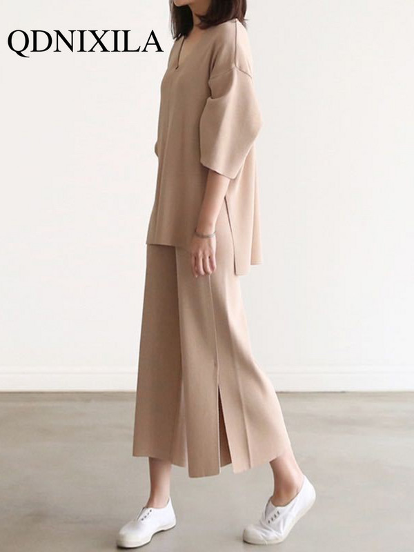 Ženski pleteni džemper Dvodijelni kompleti Proljeće Jesen V-izrez Široki puloveri Top džemper i hlače širokih nogavica Pletena odijela od 2 komada