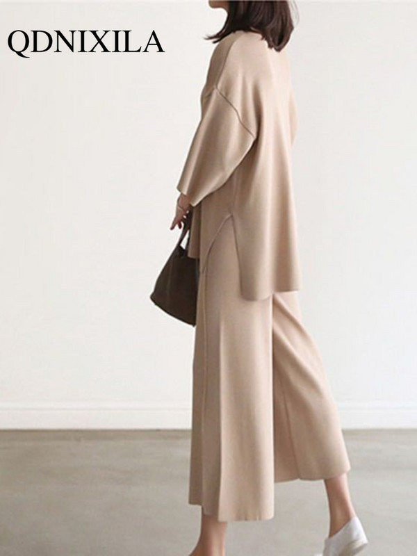 Ženski pleteni džemper Dvodijelni kompleti Proljeće Jesen V-izrez Široki puloveri Top džemper i hlače širokih nogavica Pletena odijela od 2 komada