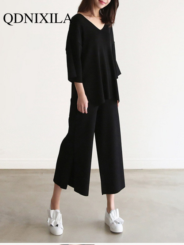 Ženski pleteni džemper Dvodijelni kompleti Proljeće Jesen V-izrez Široki puloveri Top džemper i hlače širokih nogavica Pletena odijela od 2 komada