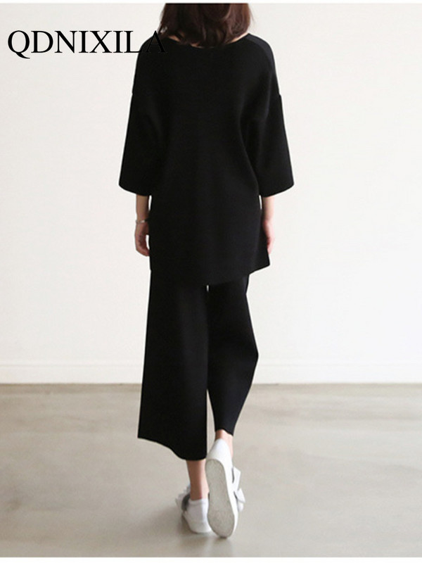 Ženski pleteni džemper Dvodijelni kompleti Proljeće Jesen V-izrez Široki puloveri Top džemper i hlače širokih nogavica Pletena odijela od 2 komada