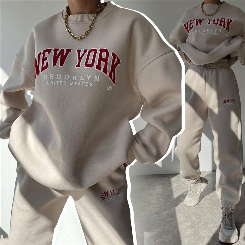 2023 Ženska trenirka s printom slova Jesen Zima Široke hlače Dvodijelni kompleti Ženska ležerna majica s O-izrezom Sportska odjeća