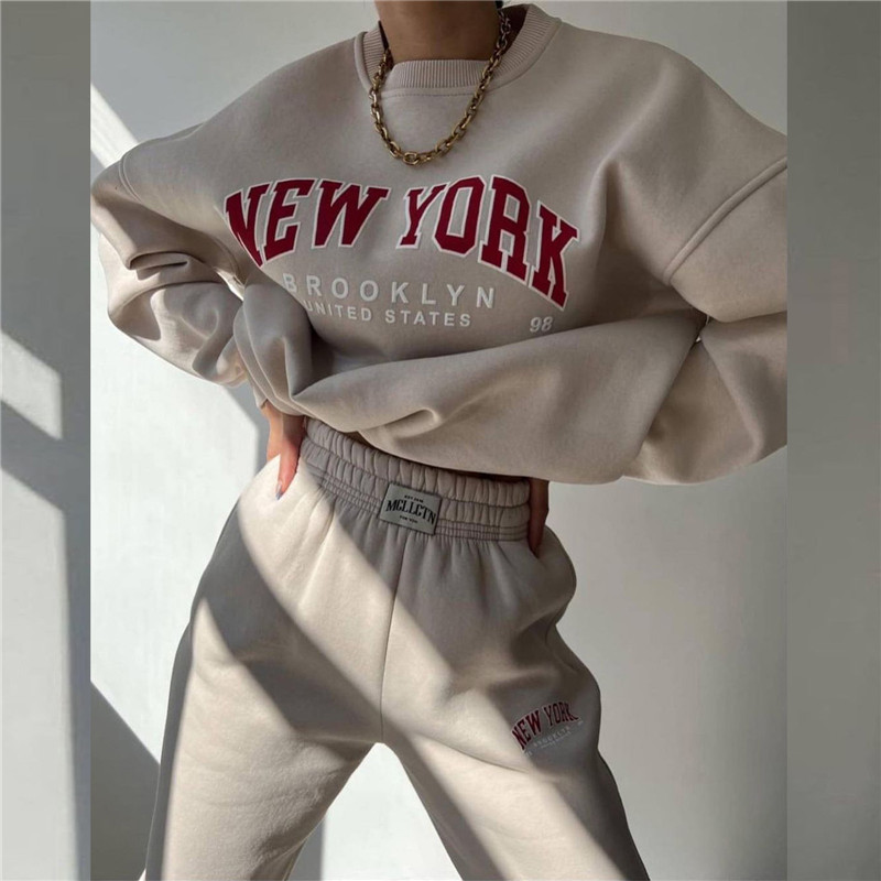 2023 Ženska trenirka s printom slova Jesen Zima Široke hlače Dvodijelni kompleti Ženska ležerna majica s O-izrezom Sportska odjeća