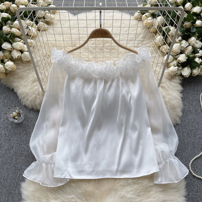 Lagana, luksuzna francuska socijalistička vrhunska ženska košulja na jedno rame, jesen, široki dizajn s volanima, čista požuda, vruća ženska majica