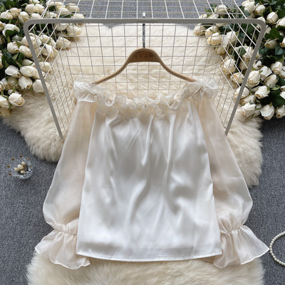 Lagana, luksuzna francuska socijalistička vrhunska ženska košulja na jedno rame, jesen, široki dizajn s volanima, čista požuda, vruća ženska majica