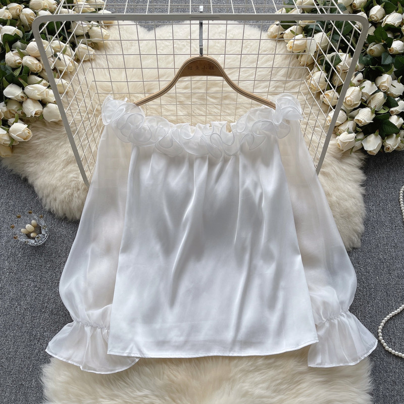 Lagana, luksuzna francuska socijalistička vrhunska ženska košulja na jedno rame, jesen, široki dizajn s volanima, čista požuda, vruća ženska majica