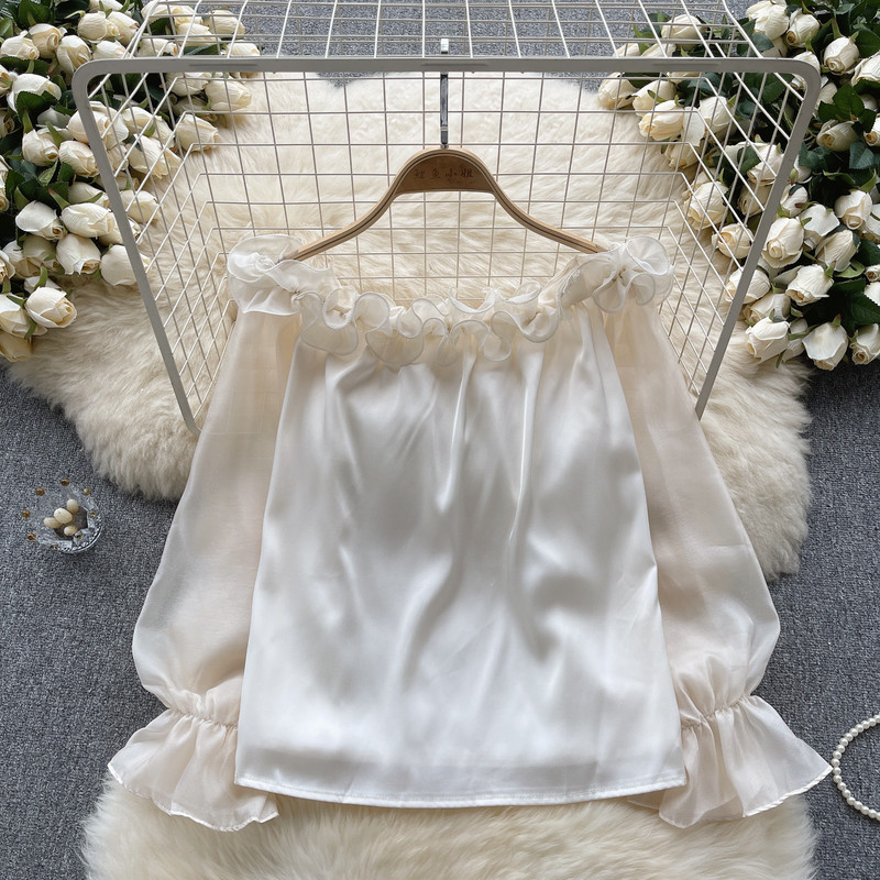 Lagana, luksuzna francuska socijalistička vrhunska ženska košulja na jedno rame, jesen, široki dizajn s volanima, čista požuda, vruća ženska majica