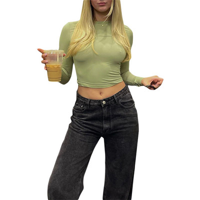 Ženska osnovna, tanka majica s otvorenim pupkom, modna ležerna ženska majica kratkih rukava, seksi dugih rukava s ovratnikom i ovratnikom, modni jednobojni pulover