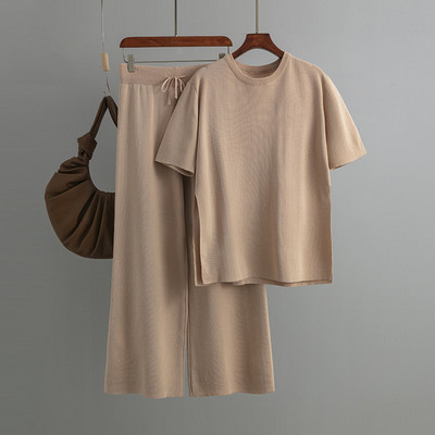 GIGOGOU Základná jar/leto Dámska pletená tepláková súprava s krátkym rukávom, dvojdielna nohavicová súprava, dámske voľné tričko