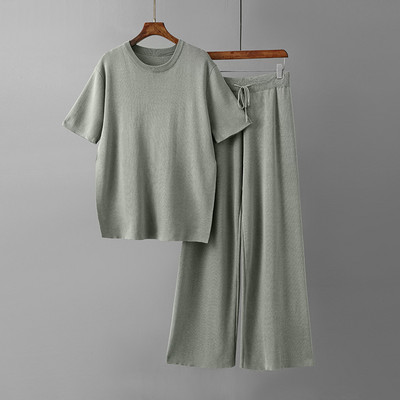 GIGOGOU Základná jar/leto Dámska pletená tepláková súprava s krátkym rukávom, dvojdielna nohavicová súprava, dámske voľné tričko