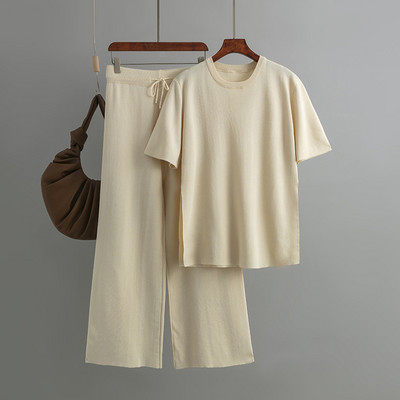 GIGOGOU Základná jar/leto Dámska pletená tepláková súprava s krátkym rukávom, dvojdielna nohavicová súprava, dámske voľné tričko