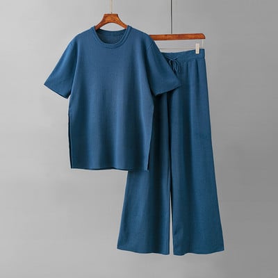 GIGOGOU Základná jar/leto Dámska pletená tepláková súprava s krátkym rukávom, dvojdielna nohavicová súprava, dámske voľné tričko