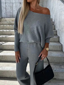 Elegantné dámske súpravy s dlhým rukávom a voľnými topmi a dlhými nohavicami so širokými nohavicami, ležérne dámske pletené dvojdielne obleky, jeseň/zima 2023