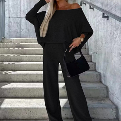 Elegantné dámske súpravy s dlhým rukávom a voľnými topmi a dlhými nohavicami so širokými nohavicami, ležérne dámske pletené dvojdielne obleky, jeseň/zima 2023