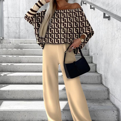 Elegantné dámske súpravy s dlhým rukávom a voľnými topmi a dlhými nohavicami so širokými nohavicami, ležérne dámske pletené dvojdielne obleky, jeseň/zima 2023