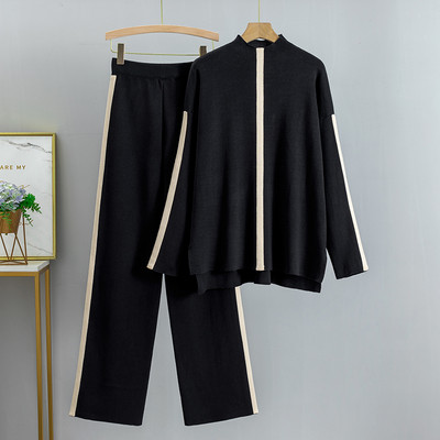 GIGOGOU Dvojdielne súpravy Dámsky sveter Tepláková súprava s vertikálnymi pruhmi Dámsky rolák + Široké nohavice, oblek, kabát