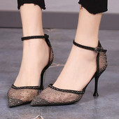 Seksi crne mrežaste cipele s visokom potpeticom Ženske cipele s kristalnim vrhovima za ljeto 2023. Ženske sjajne cipele s remenom za gležnjeve Ženske cipele