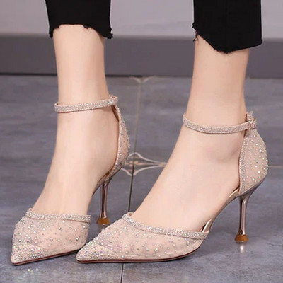 Seksi crne mrežaste cipele s visokom potpeticom Ženske cipele s kristalnim vrhovima za ljeto 2023. Ženske sjajne cipele s remenom za gležnjeve Ženske cipele