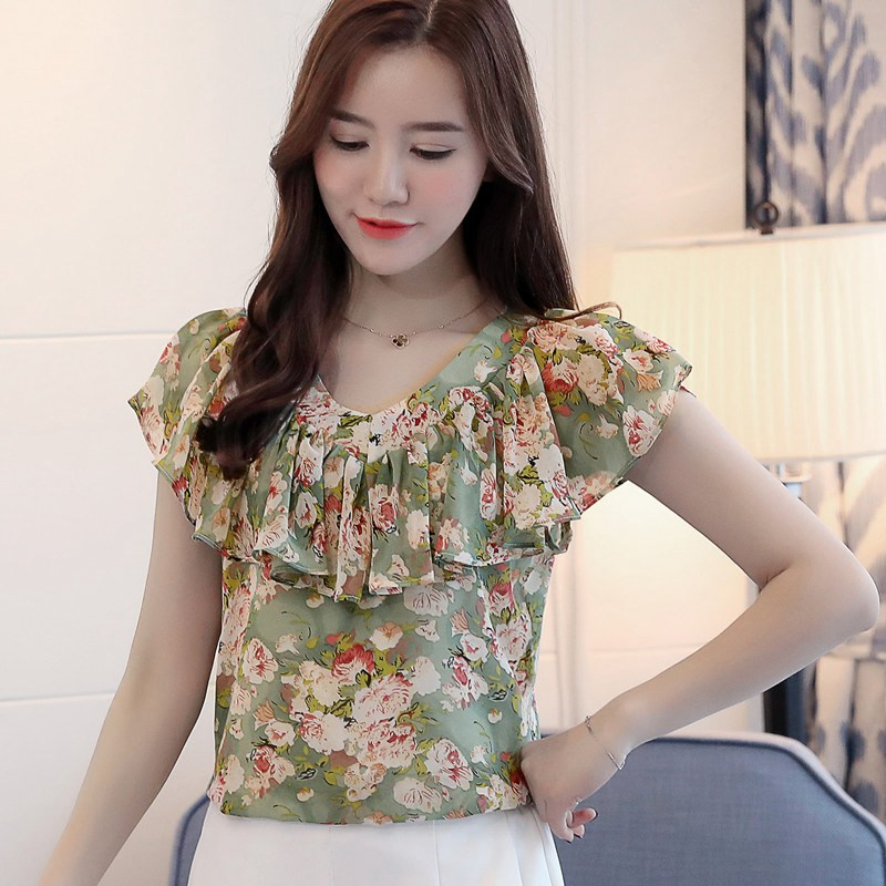 2017 Kvetinová potlač Blusas Femininas Letné šifónové blúzky s volánikovým výstrihom do V, krátkym rukávom, dámske topy, elegantné módne košele Femme