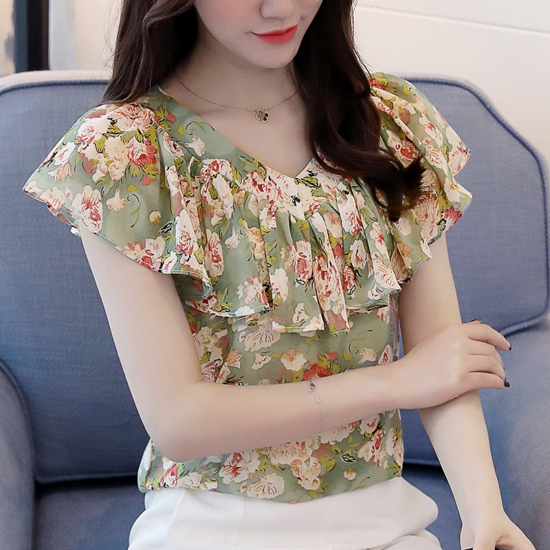 2017 Kvetinová potlač Blusas Femininas Letné šifónové blúzky s volánikovým výstrihom do V, krátkym rukávom, dámske topy, elegantné módne košele Femme