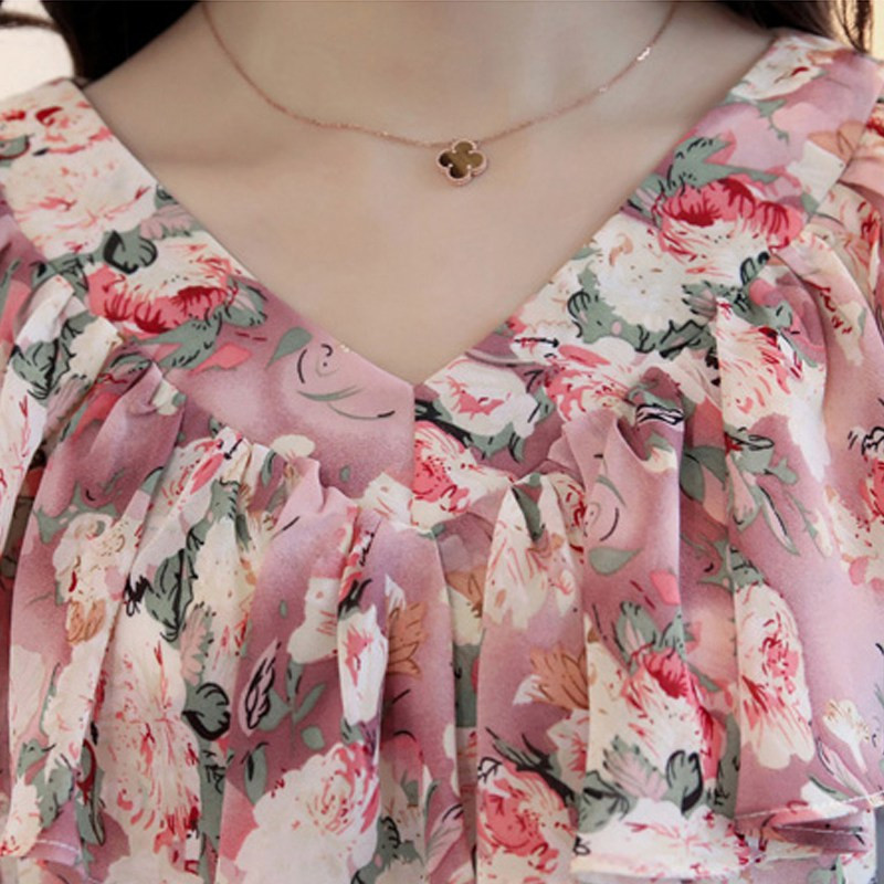 2017 Kvetinová potlač Blusas Femininas Letné šifónové blúzky s volánikovým výstrihom do V, krátkym rukávom, dámske topy, elegantné módne košele Femme