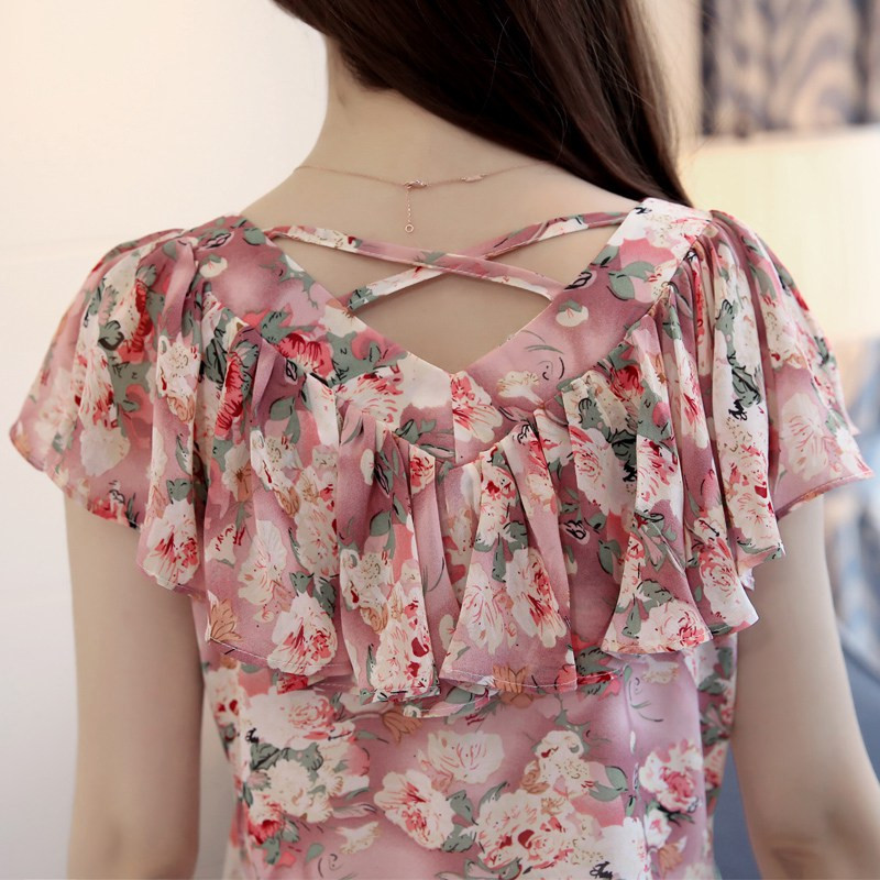2017 Kvetinová potlač Blusas Femininas Letné šifónové blúzky s volánikovým výstrihom do V, krátkym rukávom, dámske topy, elegantné módne košele Femme