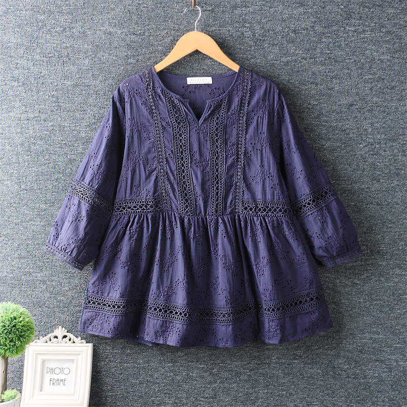 2020. gada jauns pavasara sieviešu krekls, literārs svaigs, dobs izšuvums, džemperis Kokvilnas un lina sieviešu blūze ar O-kaklu