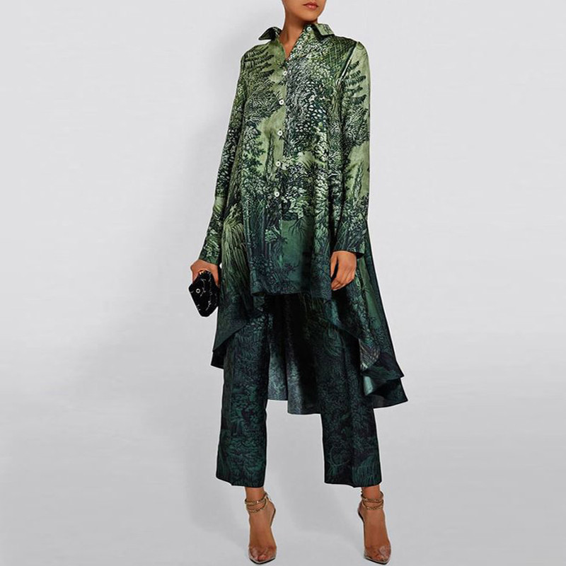 Casual ασύμμετρα κοστούμια γραφείου με ρετρό μοτίβο εμπριμέ σετ δύο τεμαχίων Γυναικείο πουκάμισο με κουμπιά πέτο με ίσια ρούχα για παντελόνι