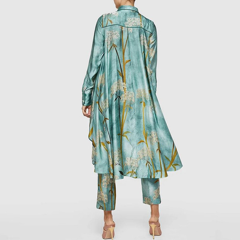 Casual ασύμμετρα κοστούμια γραφείου με ρετρό μοτίβο εμπριμέ σετ δύο τεμαχίων Γυναικείο πουκάμισο με κουμπιά πέτο με ίσια ρούχα για παντελόνι