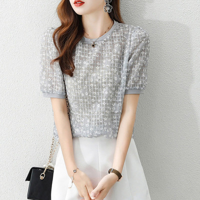 Nova modna ljetna izdubljena bluza za 2023. Ženska klasična ženska pulover majica kratkih rukava s cvjetnim O-ovratnikom, ležerna uredska univerzalna majica