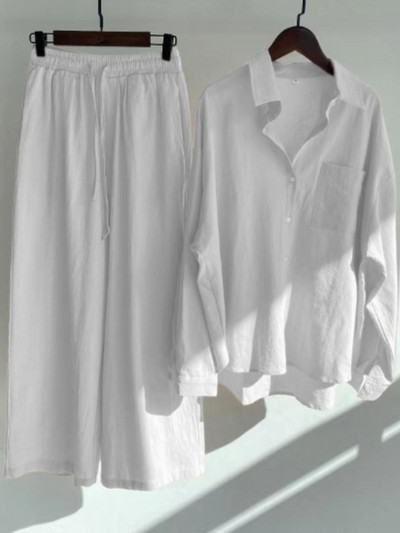 Fashion Casual γυναικείο βαμβακερό λινό πουκάμισο Ψηλόμεσο φαρδύ παντελόνι σετ δύο τεμαχίων Γυναικεία ρούχα Γυναικεία ρούχα