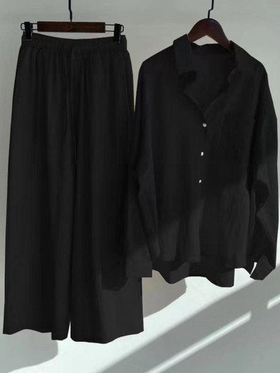 Fashion Casual γυναικείο βαμβακερό λινό πουκάμισο Ψηλόμεσο φαρδύ παντελόνι σετ δύο τεμαχίων Γυναικεία ρούχα Γυναικεία ρούχα