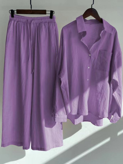 Fashion Casual γυναικείο βαμβακερό λινό πουκάμισο Ψηλόμεσο φαρδύ παντελόνι σετ δύο τεμαχίων Γυναικεία ρούχα Γυναικεία ρούχα