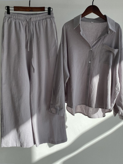 Fashion Casual γυναικείο βαμβακερό λινό πουκάμισο Ψηλόμεσο φαρδύ παντελόνι σετ δύο τεμαχίων Γυναικεία ρούχα Γυναικεία ρούχα