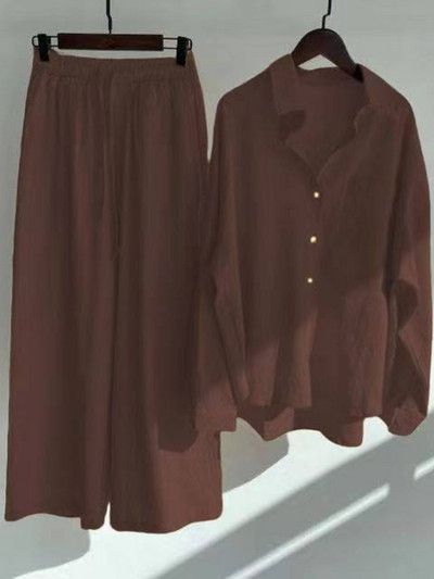 Fashion Casual γυναικείο βαμβακερό λινό πουκάμισο Ψηλόμεσο φαρδύ παντελόνι σετ δύο τεμαχίων Γυναικεία ρούχα Γυναικεία ρούχα