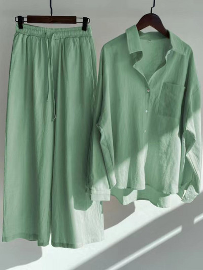 Fashion Casual γυναικείο βαμβακερό λινό πουκάμισο Ψηλόμεσο φαρδύ παντελόνι σετ δύο τεμαχίων Γυναικεία ρούχα Γυναικεία ρούχα